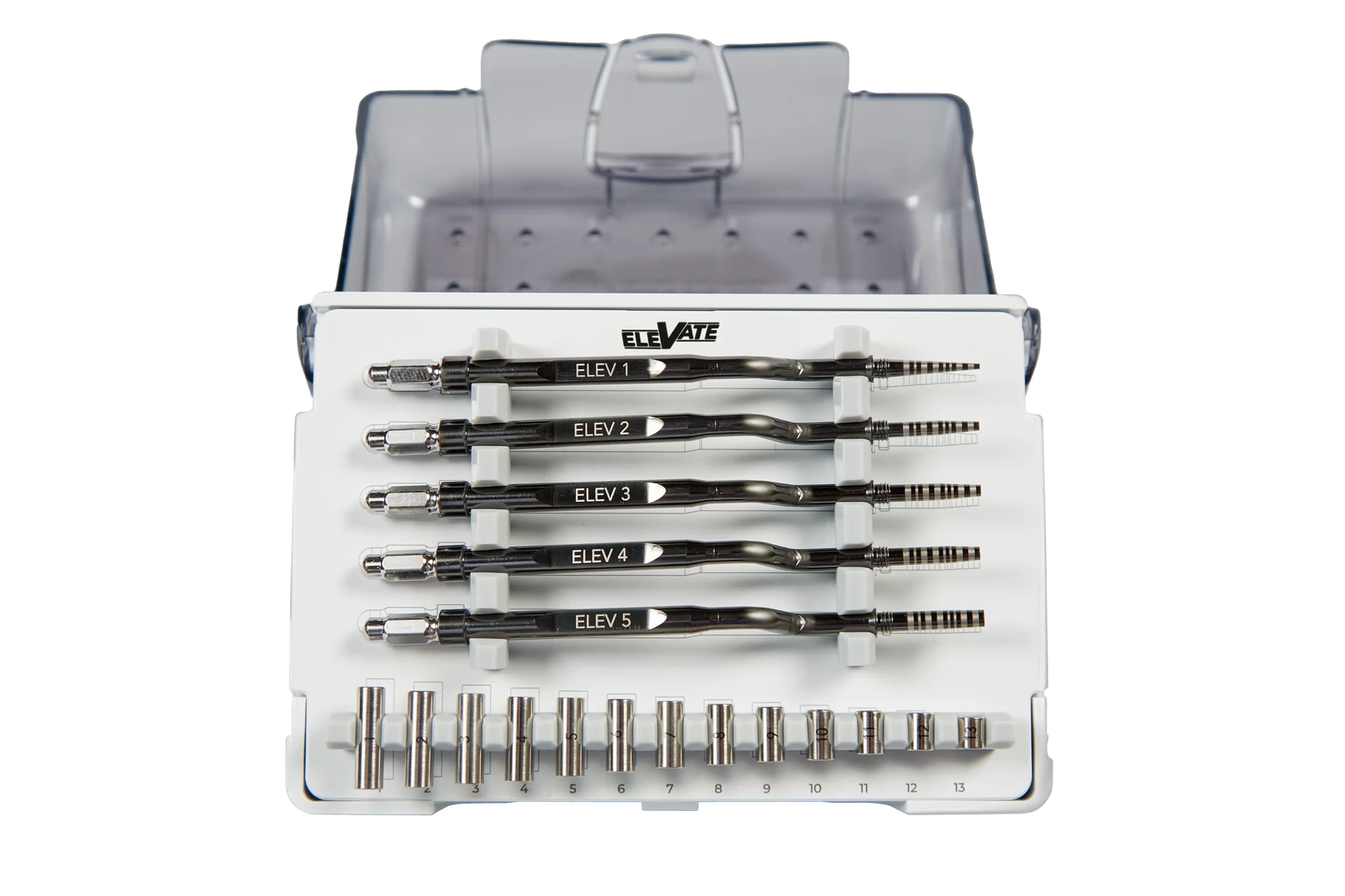 Kit Elevate aperto con 5 inserti e MacroStop su sfondo scuro